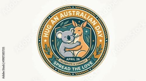 Hug An Australian Day Badge with Koala and Kangaroo Illustration
