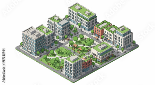 Isometric Sustainable Urban Block with Green Roofs and Public Park