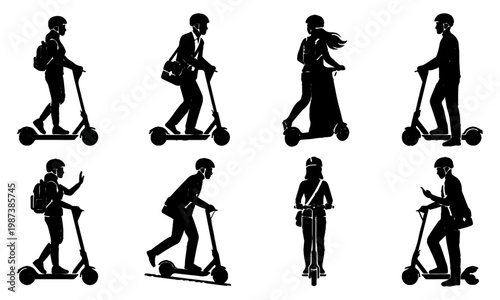 Set of electric scooter rider silhouettes showing urban commuters with helmets and backpacks riding e-scooters in different poses isolated on white background
