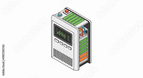 Isometric Portable Medical Defibrillator and Cardiac Monitor with ECG Waveform and Battery Status Indicator, Vector Illustration