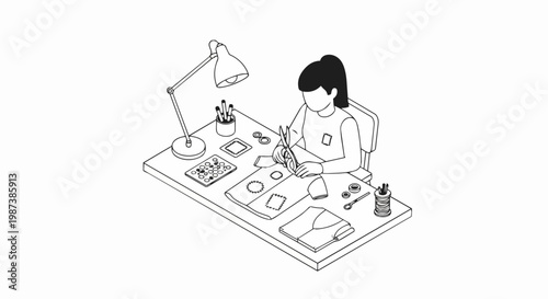 Isometric Line Art Illustration of a Woman Mending and Patching Clothes at a Desk for Sustainable Fashion and DIY Crafting