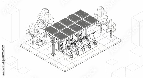 Isometric Line Art of Solar Powered Electric Scooter Charging Station - Green Urban Mobility and Sustainable Energy Concept