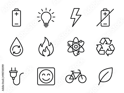 Sustainable energy and ecology line icons featuring recycling green power battery life environmental protection symbols environment electricity lightning sustainable conservation renewable