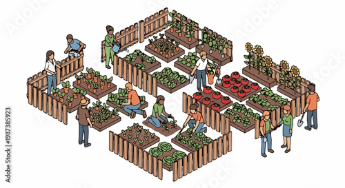 Isometric Community Garden Illustration. Diverse Group of People Growing Organic Vegetables in an Urban Farm. Sustainable Living and Neighborhood Collaboration Concept.