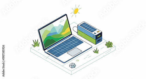Isometric Illustration of a Laptop Charging via Portable Solar Power Bank, Representing Green Energy and Sustainable Technology
