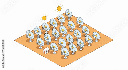 Isometric Concentrated Solar Power Plant Illustration with Parabolic Dish Collectors in a Desert, Renewable Green Energy Concept