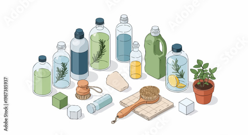 Isometric Vector Set of Eco-Friendly Natural Cleaning Supplies, Organic Household Products and Sustainable Lifestyle Elements