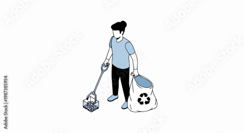 Isometric Illustration of a Woman Volunteer Picking Up Trash with a Grabber Tool for Recycling and Environmental Conservation