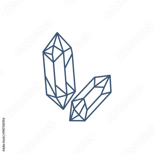 Simple line drawing depicts two geometric crystals with faceted edges and surfaces