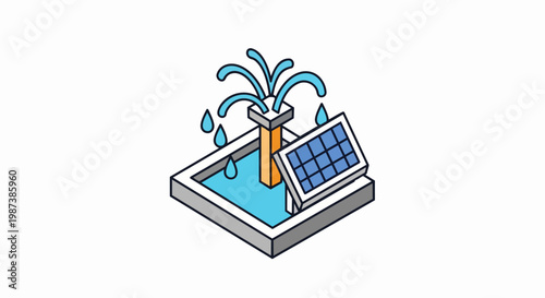 Isometric solar powered water fountain illustration featuring a solar panel and spraying water jets. Sustainable energy and eco-friendly technology concept icon.