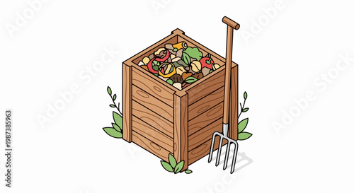 Wooden Compost Bin with Organic Waste and Pitchfork Isometric Illustration - Sustainable Gardening and Recycling Concept Isolated on White