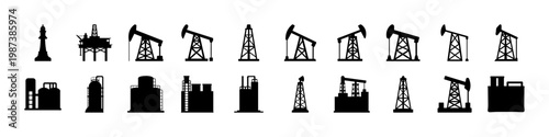 Set of oil refinery and industrial plant icons - Black silhouette icons featuring oil refineries, industrial plants, and energy facilities representing petroleum processing and heavy industry concepts