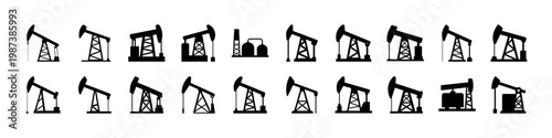 Set of oil pumpjack and drilling machine icons - Black silhouette icons featuring oil pumpjacks and drilling machines in various positions representing petroleum extraction and energy industry operati