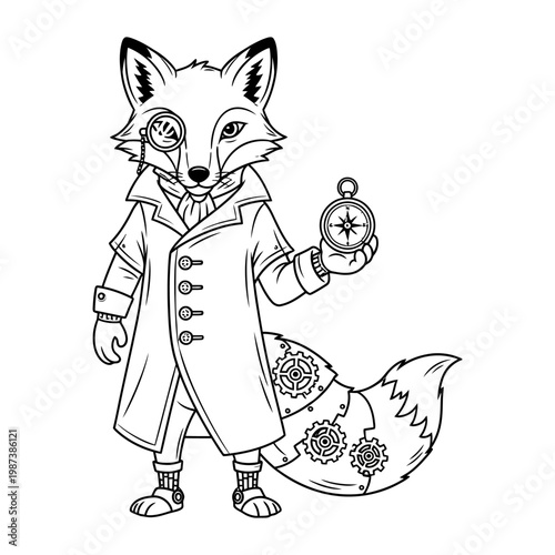 Anthropomorphic steampunk fox explorer wearing monocle and trench coat holding compass vector illustration for coloring book