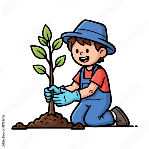 Happy young gardener planting a tree sapling in soil vector illustration for environmental sustainability and nature education
