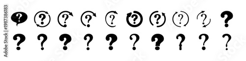 Set of question mark outline and filled icons - Black silhouette icons featuring various question mark styles including outlined and filled versions representing inquiry, uncertainty, and FAQ concepts