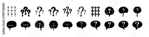 Set of thought bubble and question icon silhouettes - Black silhouette icons featuring thought bubbles and question marks representing thinking, confusion, ideas, and user inquiry concepts.