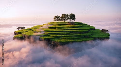 Floating Terraced Rice Field Island Above Clouds