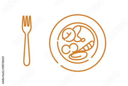 Simple orange line drawing depicts a plate with food and a fork beside it