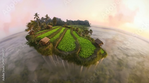 Tropical Floating Island Palm Trees Aerial View