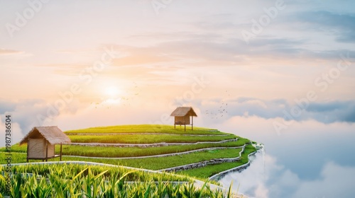 Terraced Rice Hillside Cloud Sea Sunrise Birds