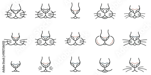 Cat nose snout and whiskers line art set for pet face character vector illustration