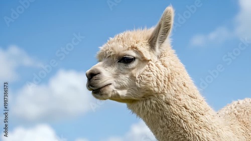 Close up of a fluffy white alpaca against a blue sky