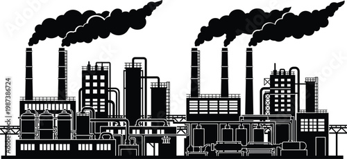 Industrial factory pollution with smokestacks emitting black smoke, environmental contamination concept, 