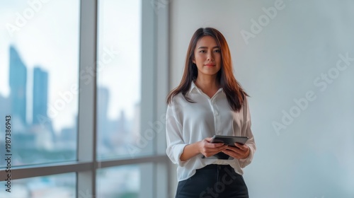 Confident Asian Woman White Blouse Tablet Office Cityview