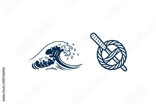 A stylized depiction of a wave and a nautical knot rendered in deep blue