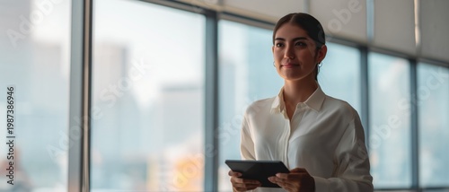 Professional Woman White Shirt Tablet Bun Hair City View