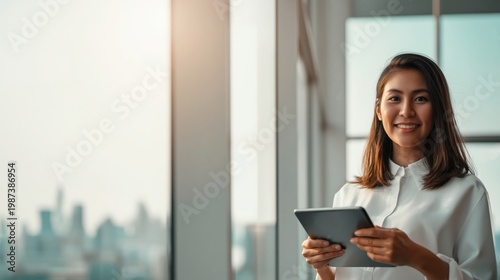Asian Businesswoman Smiling Upward Tablet City Office