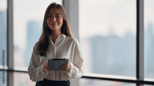 Smiling Asian Professional Woman Beige Blouse Tablet Office