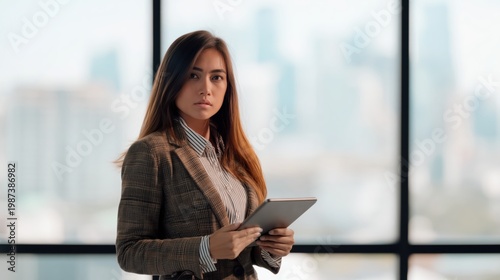 Serious Asian Businesswoman Plaid Jacket Tablet City Bokeh