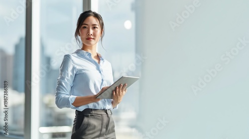 Asian Businesswoman Blue Shirt Gray Skirt Tablet Office