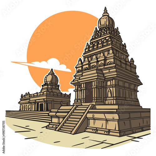 A detailed illustration showcases borobudur temple in java indonesia with a large orange sun setting behind the ancient structure high quality professional