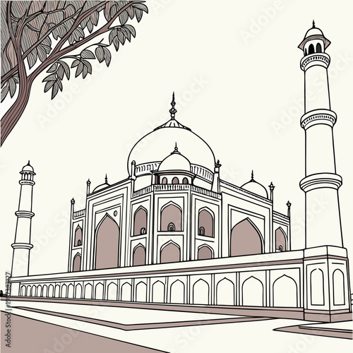 An illustrated depiction showcases the taj mahal a stunning ivory white marble mausoleum framed by stylized branches and minarets high quality professional