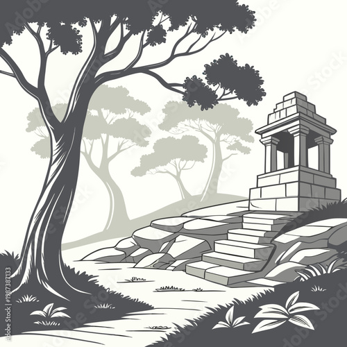 A grayscale illustration depicts a classical stone gazebo situated on a grassy hill framed by towering trees and foliage high quality professional