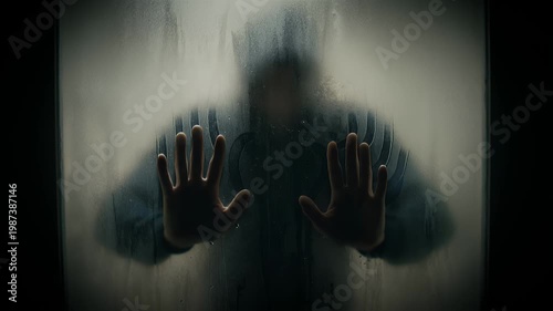 Silhouette of Person Pressing Hands Against Steamy Frosted Glass
