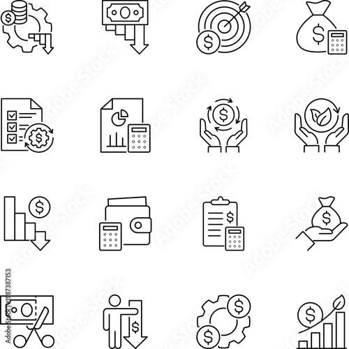 Financial planning budget savings expense profit icons, money, calculator, document, gear, wallet, hands, target