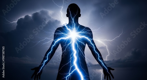 a silhouette with storm lightning inside chest