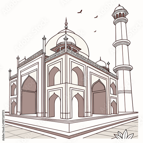 A detailed line drawing depicts the taj mahal a white marble mausoleum with surrounding architectural elements and a few birds in flight
