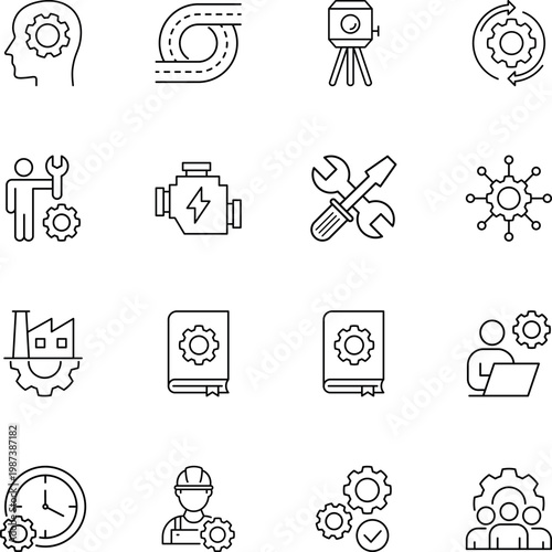 engineering industry tools and process icons, gear, wrench, screwdriver, engine, factory, book, clock, engineer