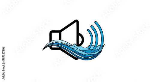 An abstract blue arrow and music icon design featuring a wireless wifi signal and speaker volume button symbol for mobile phone technology and internet network connection web vector illustration