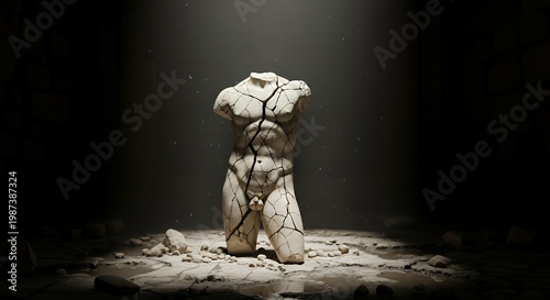 a cracked statue missing pieces in darkness