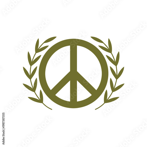 A circular peace symbol surrounded by olive branches rendered in a muted green tone