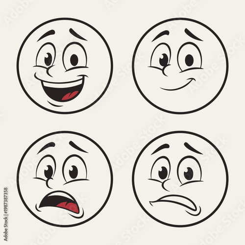 A quartet of circular faces displays a range of emotions including happiness contentment sadness and a touch of dismay high quality professional