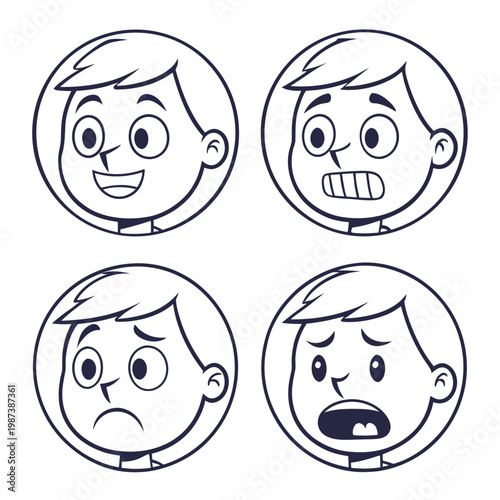 Four circular portraits depict a boy showcasing a range of emotions including happiness fear sadness and surprise high quality professional detailed modern