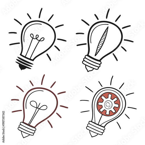 A collection of four hand drawn light bulb illustrations each featuring unique internal designs and radiating light bursts high quality professional detailed