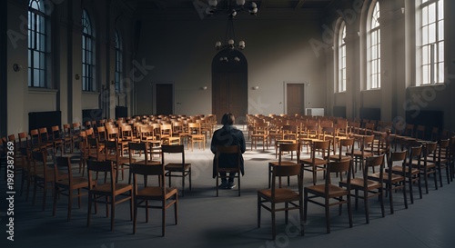 a person surrounded by empty chairs in a large room